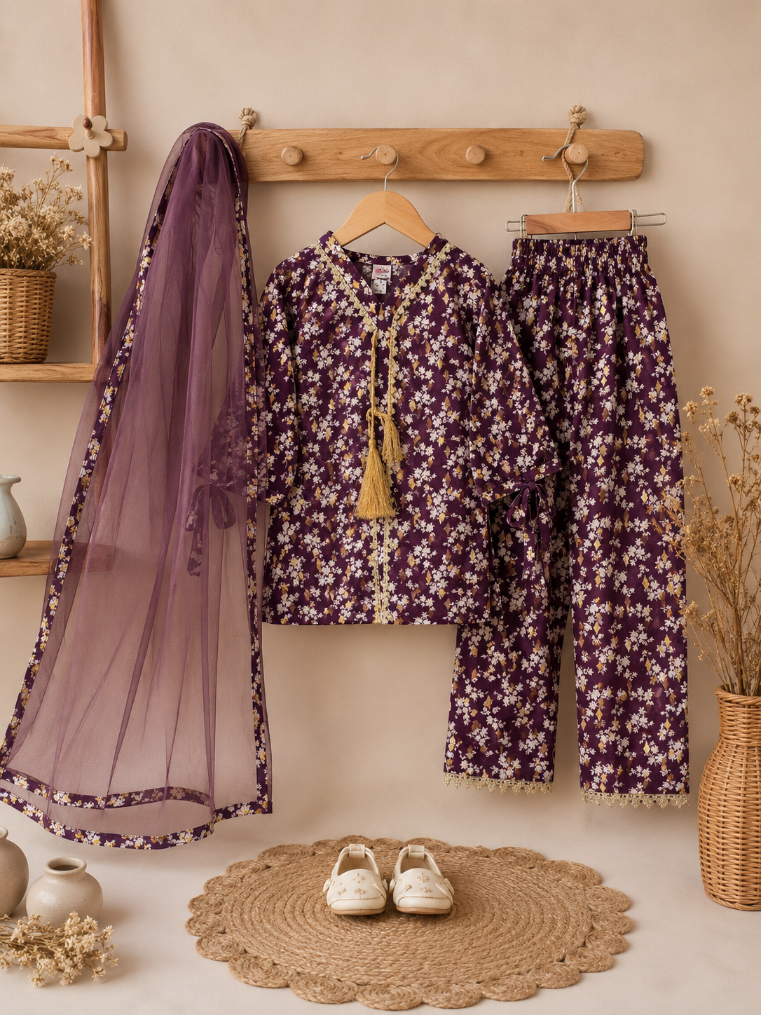 Purple Floral 3-Piece Girls Suit with Dupatta | Kids Eastern Wear