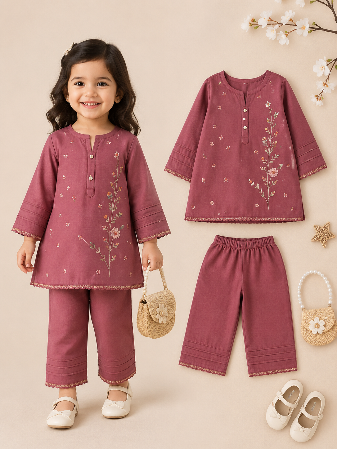 Dusty Rose Embroidered Girls 2-Piece Suit | Kids Premium Eastern Wear