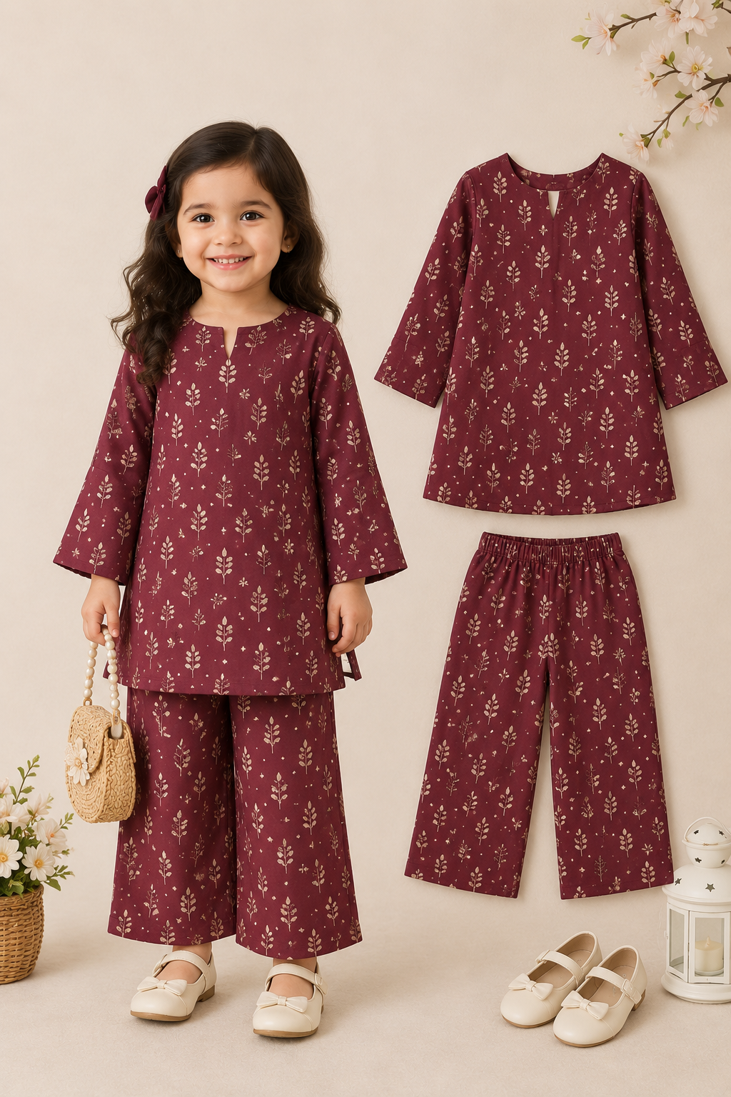 Maroon Leaf Print Girls Co-ord Set | 2-Piece Kids Casual Wear