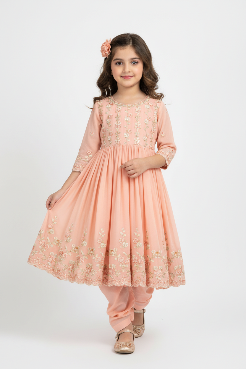 Peach Embroidered Frock & Churidar Set – Girls