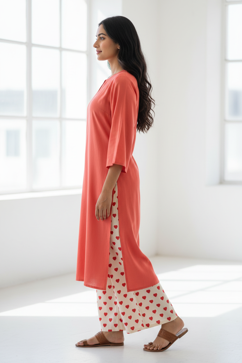 Coral Kurti Heart Print Palazzo - Side View