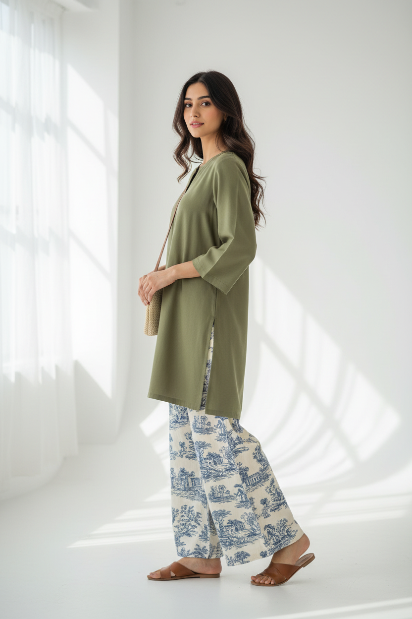 Moss Green Kurti Toile Print Palazzo - Side View