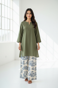 Moss Green Kurti Toile Print Palazzo - Front View