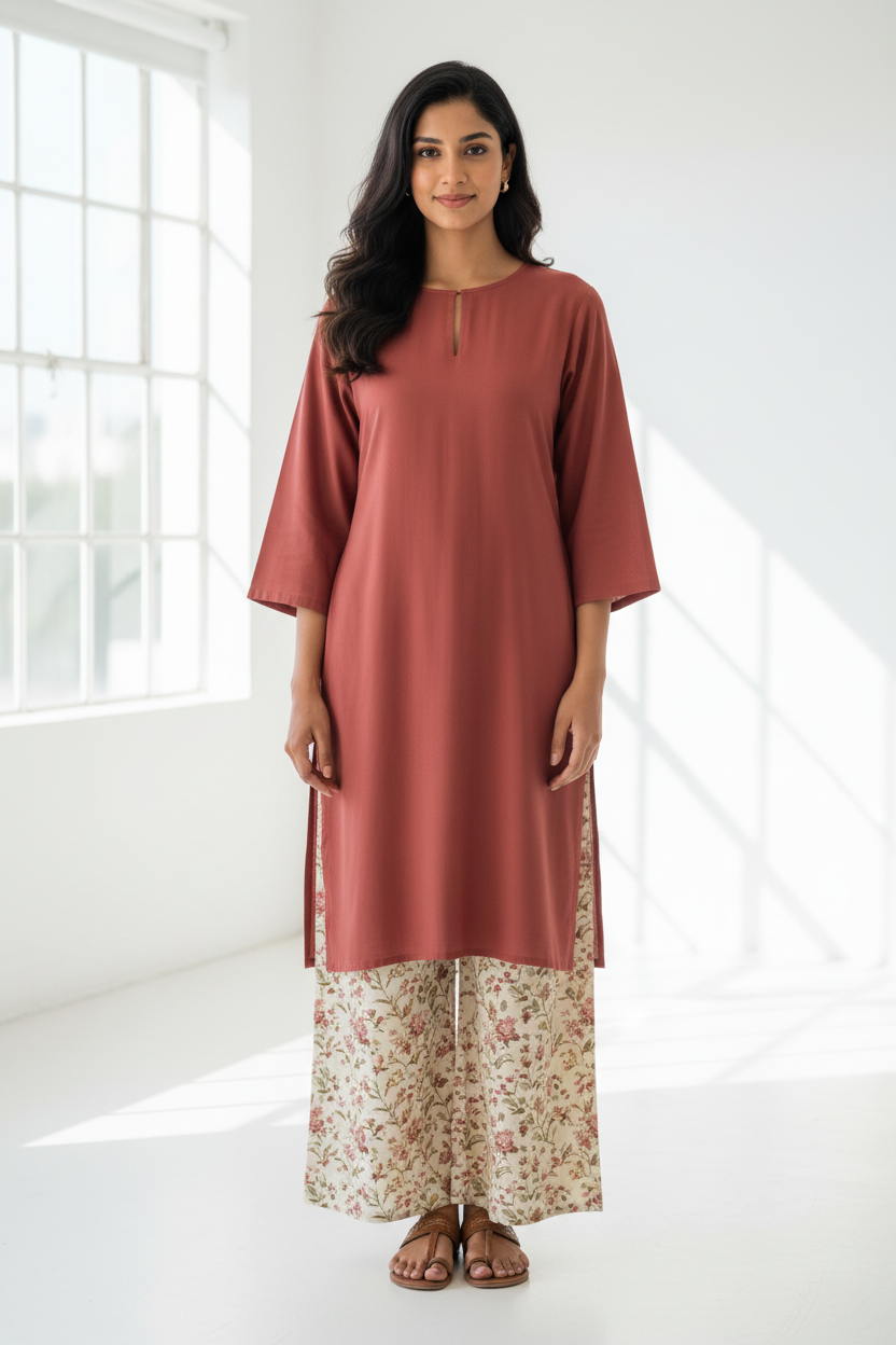Cinnamon Rose Kurti Floral Print Palazzo - Front View