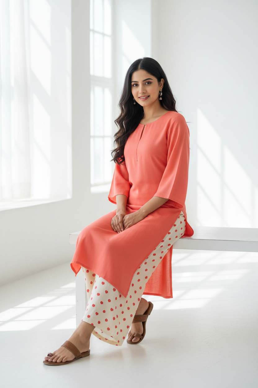 Coral Kurti Heart Print Palazzo - Sitting Pose