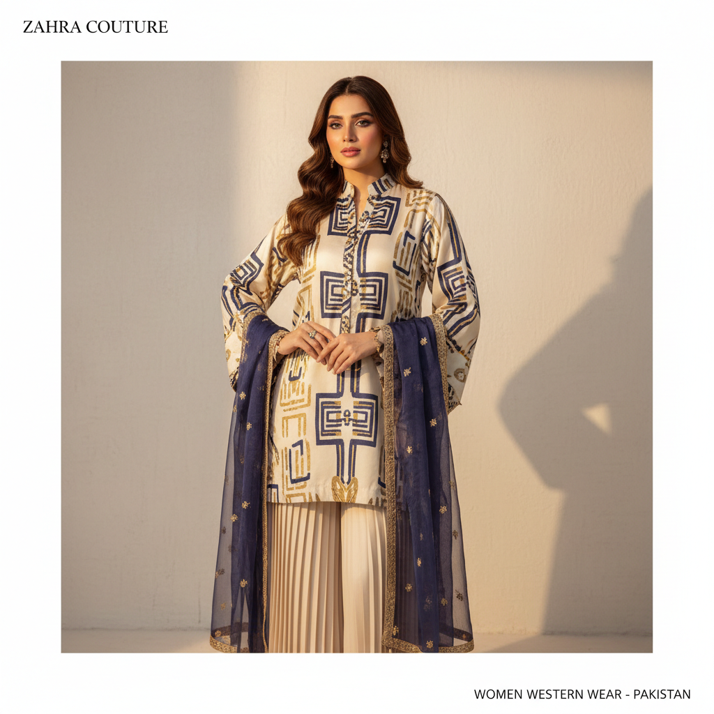 South Asian female model wearing Pakistani western fusion outfit