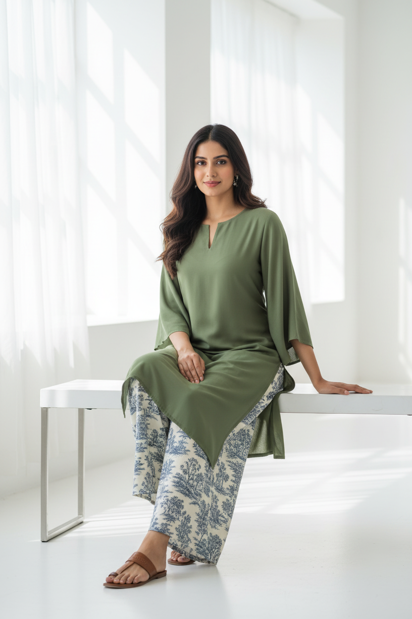 Moss Green Kurti Toile Print Palazzo - Sitting Pose
