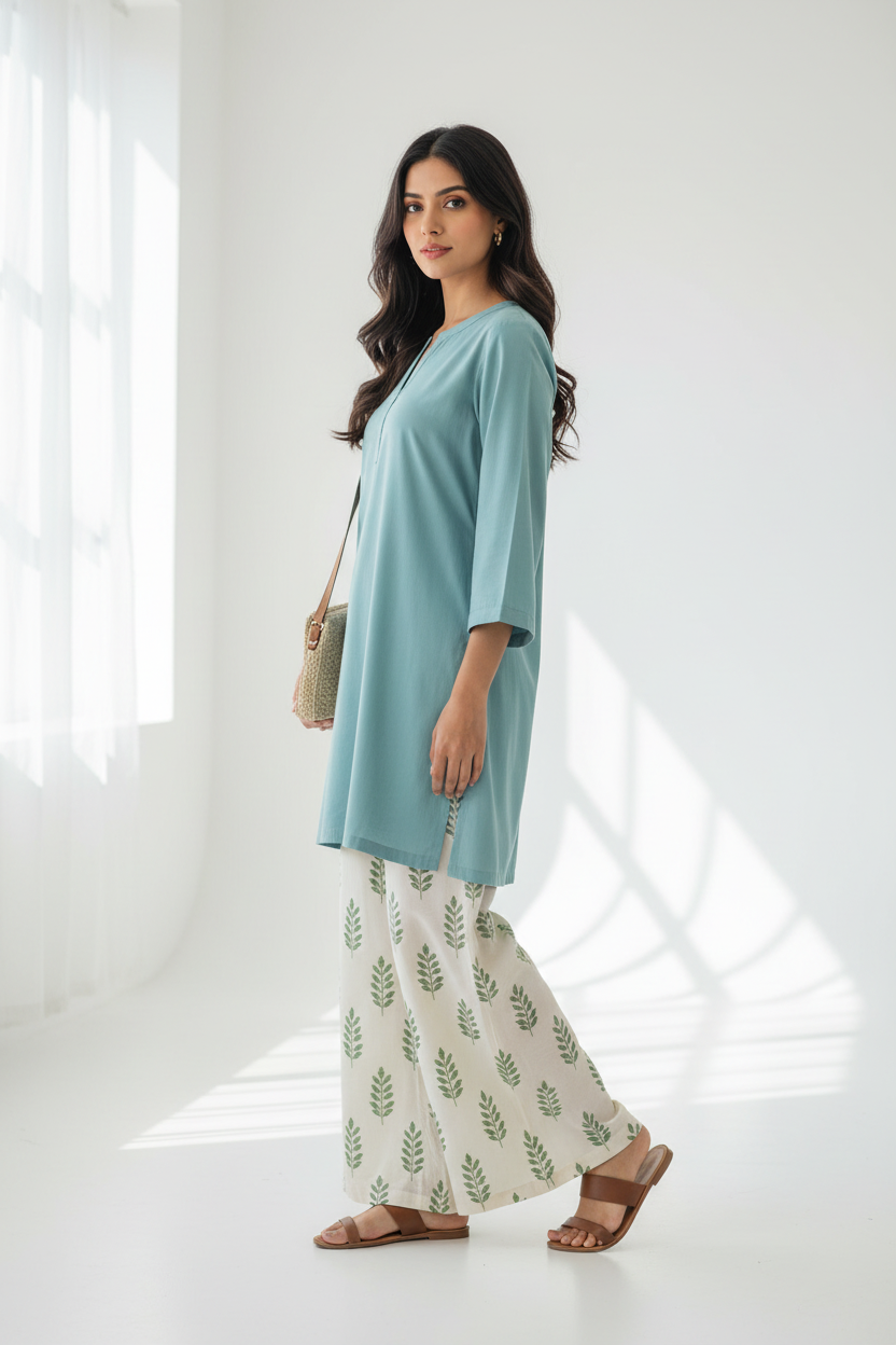 Glacier Blue Kurti Leaf Print Palazzo - Side View