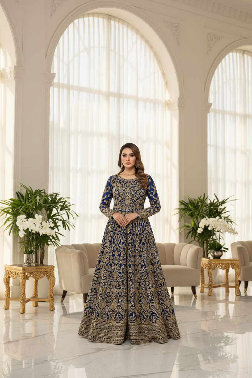 Premium Chiffon Anarkali Set in Royal Blue – Lifestyle Shot