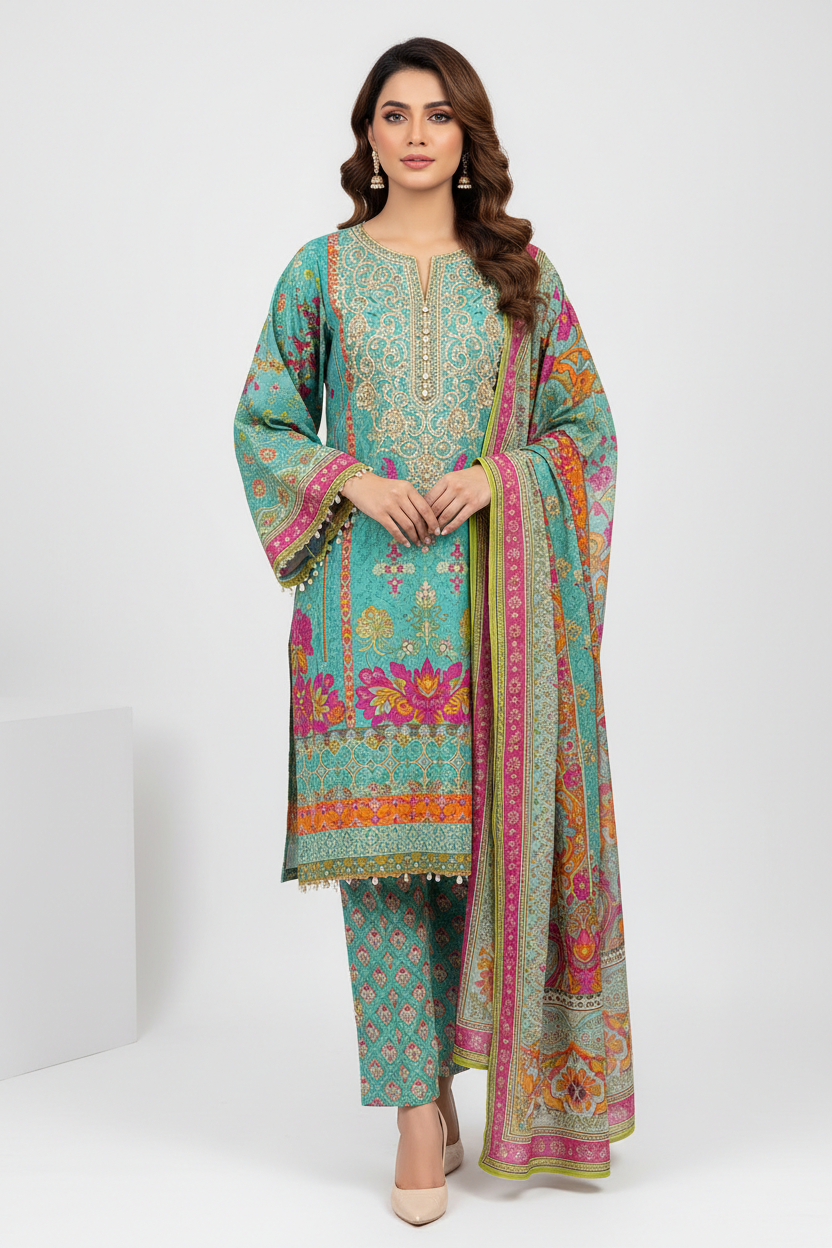 3-Piece Printed Lawn Suit – Embroidered Neckline