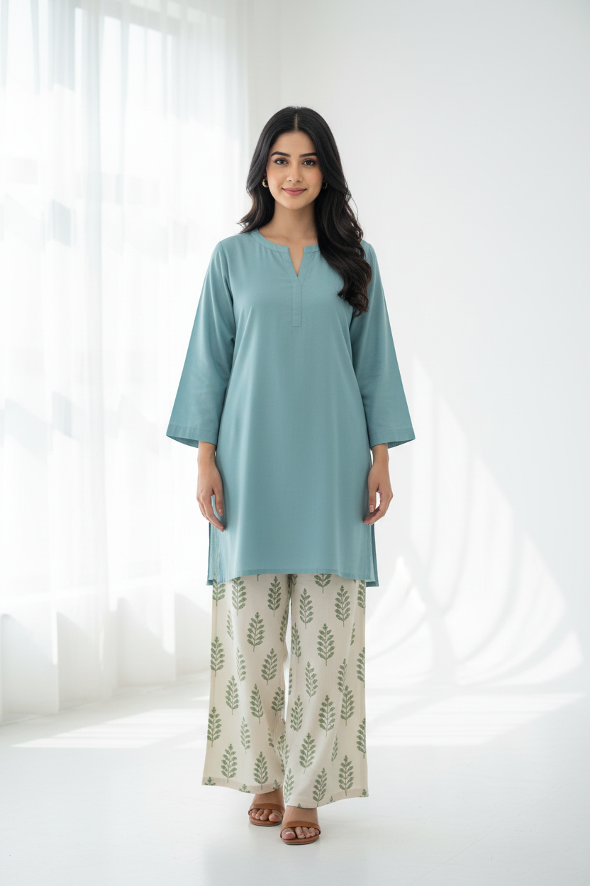 Glacier Blue Kurti Leaf Print Palazzo - Front View