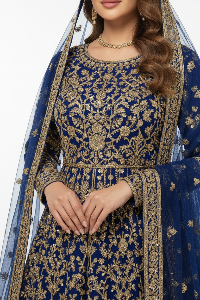 Premium Chiffon Anarkali Set in Royal Blue – Embroidery Detail