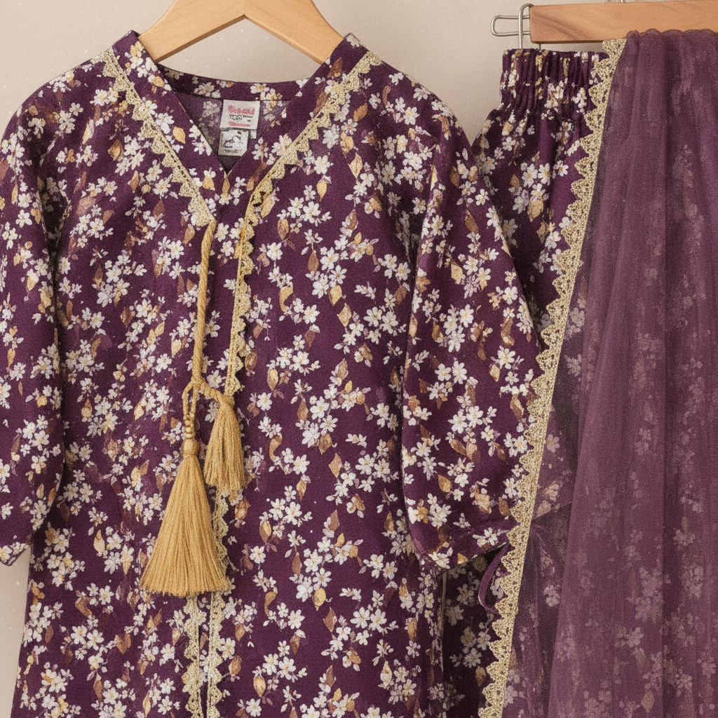 Purple Floral Girls Suit - Neckline & Tassel Detail