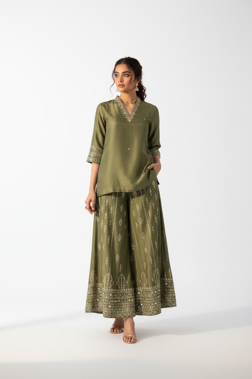 Sage Green Embroidered Co-ord Set – Front View