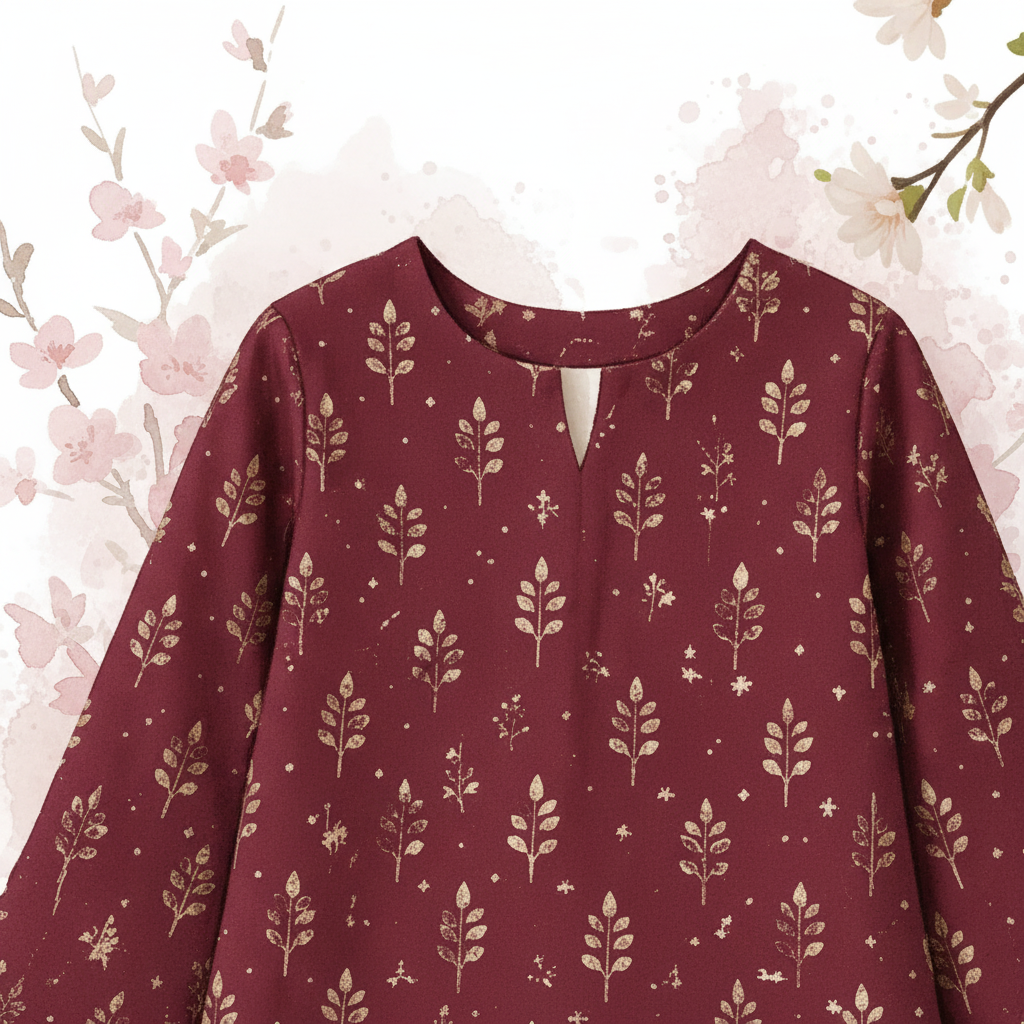 Maroon Leaf Print - Neckline & Print Detail