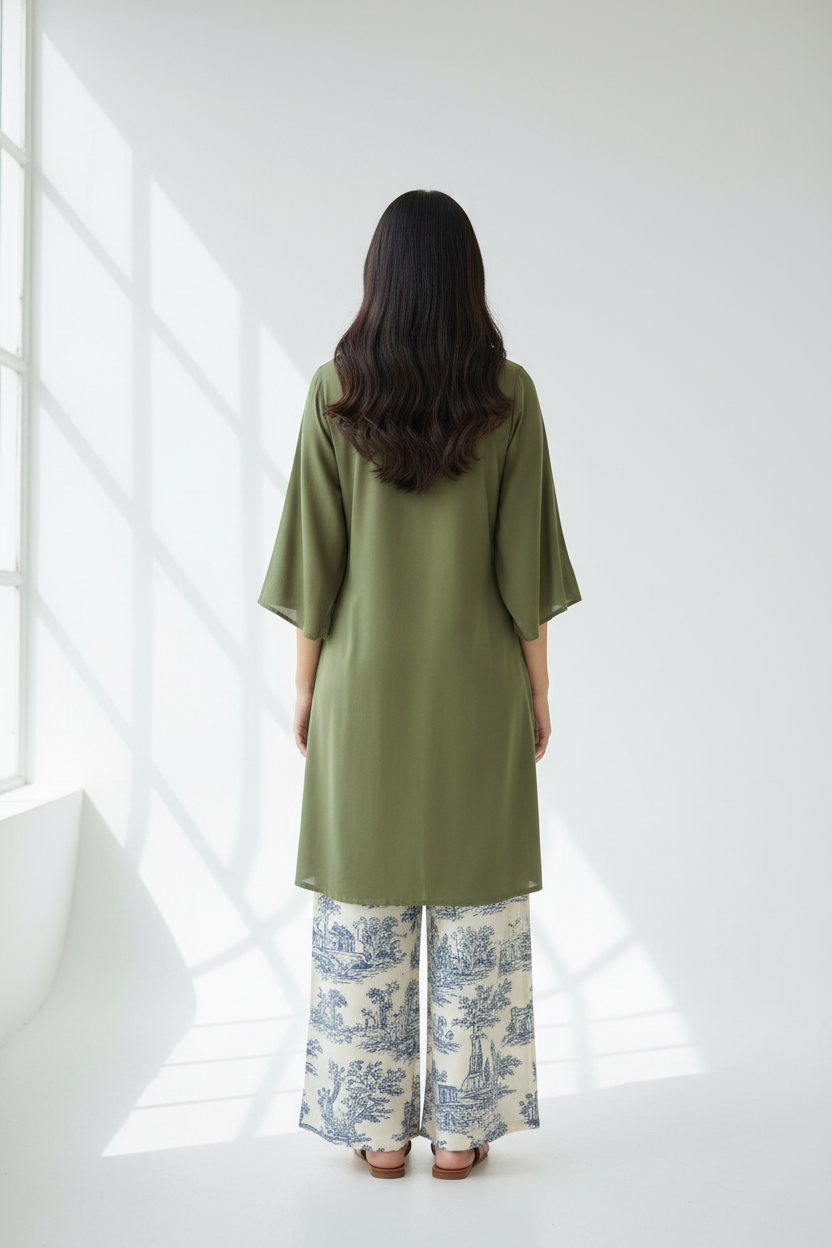 Moss Green Kurti Toile Print Palazzo - Back View