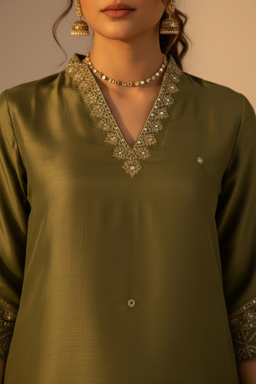 Sage Green Co-ord Set embroidery detail