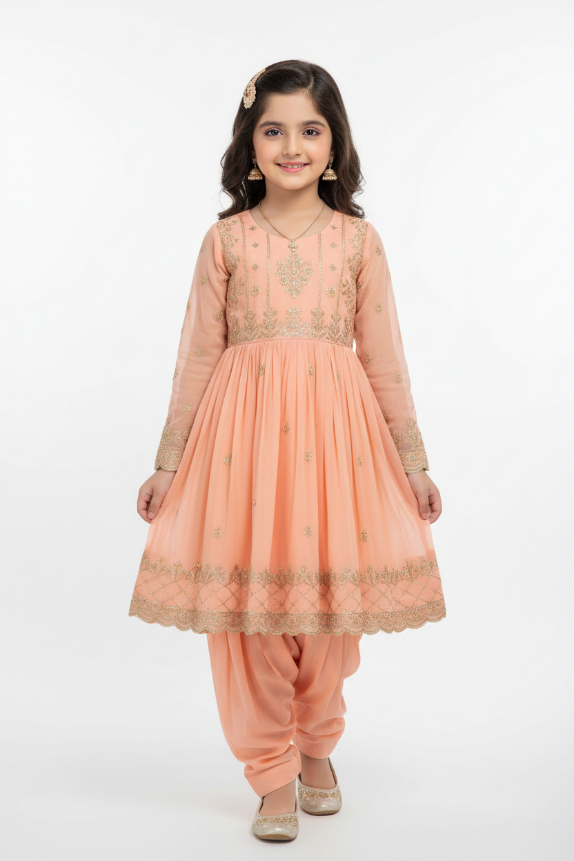 South Asian girl wearing peach embroidered Pakistani kids frock