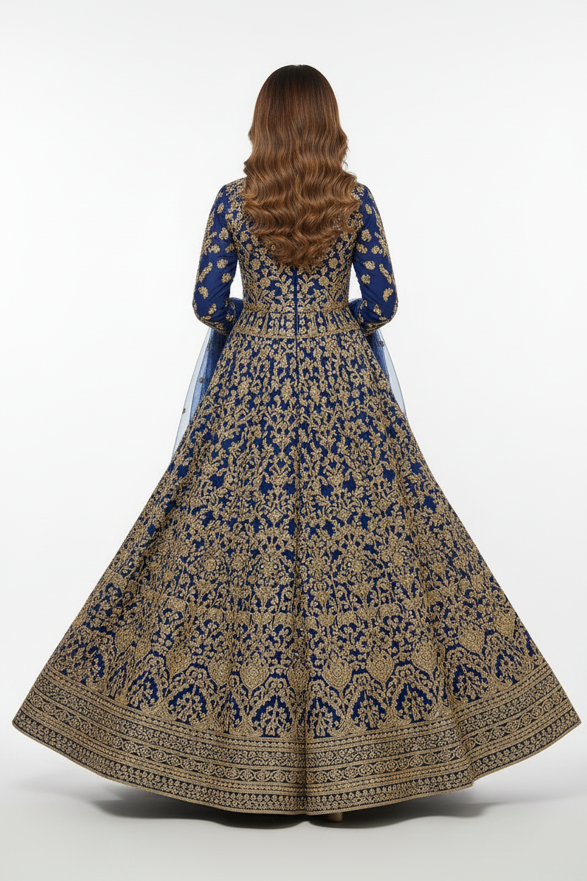 Premium Chiffon Anarkali Set in Royal Blue – Back View