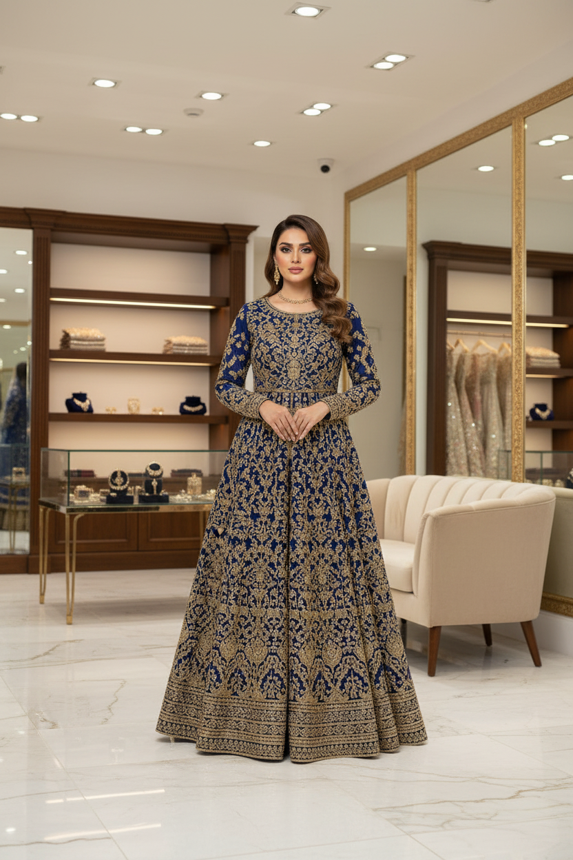 Premium Chiffon Anarkali Set in Royal Blue – Front View