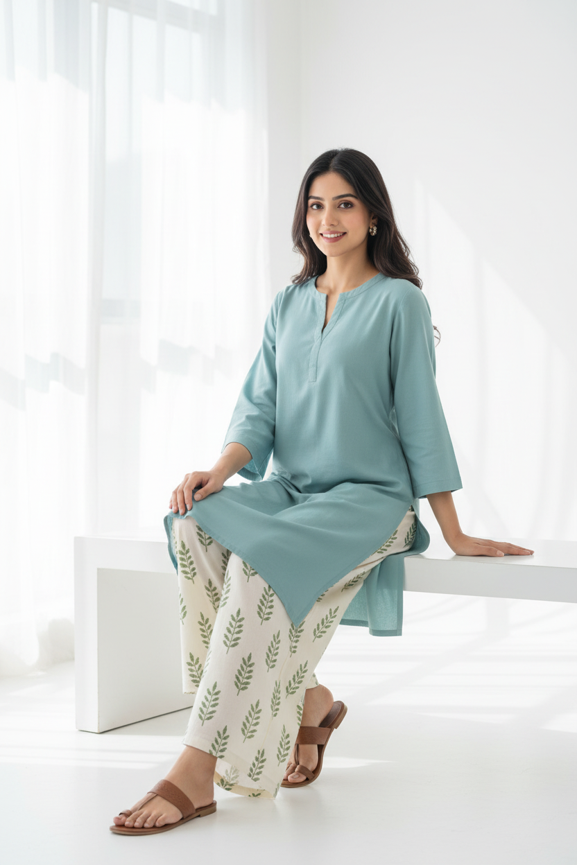 Glacier Blue Kurti Leaf Print Palazzo - Sitting Pose