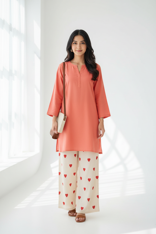 Coral Kurti Heart Print Palazzo - Front View