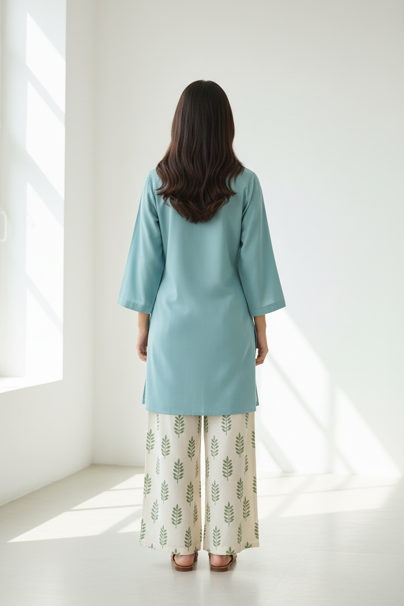 Glacier Blue Kurti Leaf Print Palazzo - Back View
