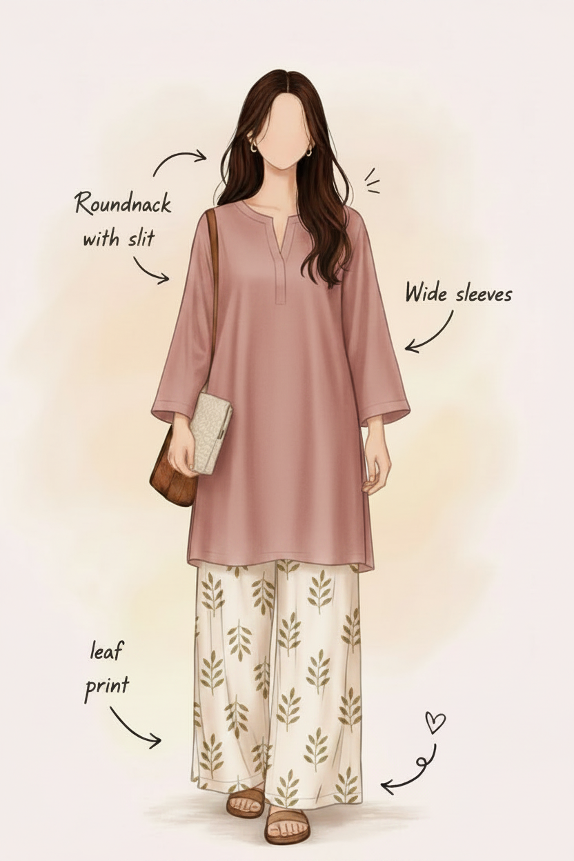 Rose Taupe Kurti with Leaf Print Palazzo Set