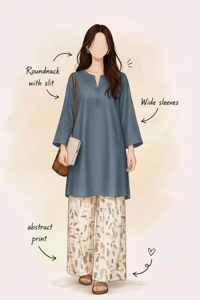 Slate Blue Kurti with Abstract Print Palazzo Set
